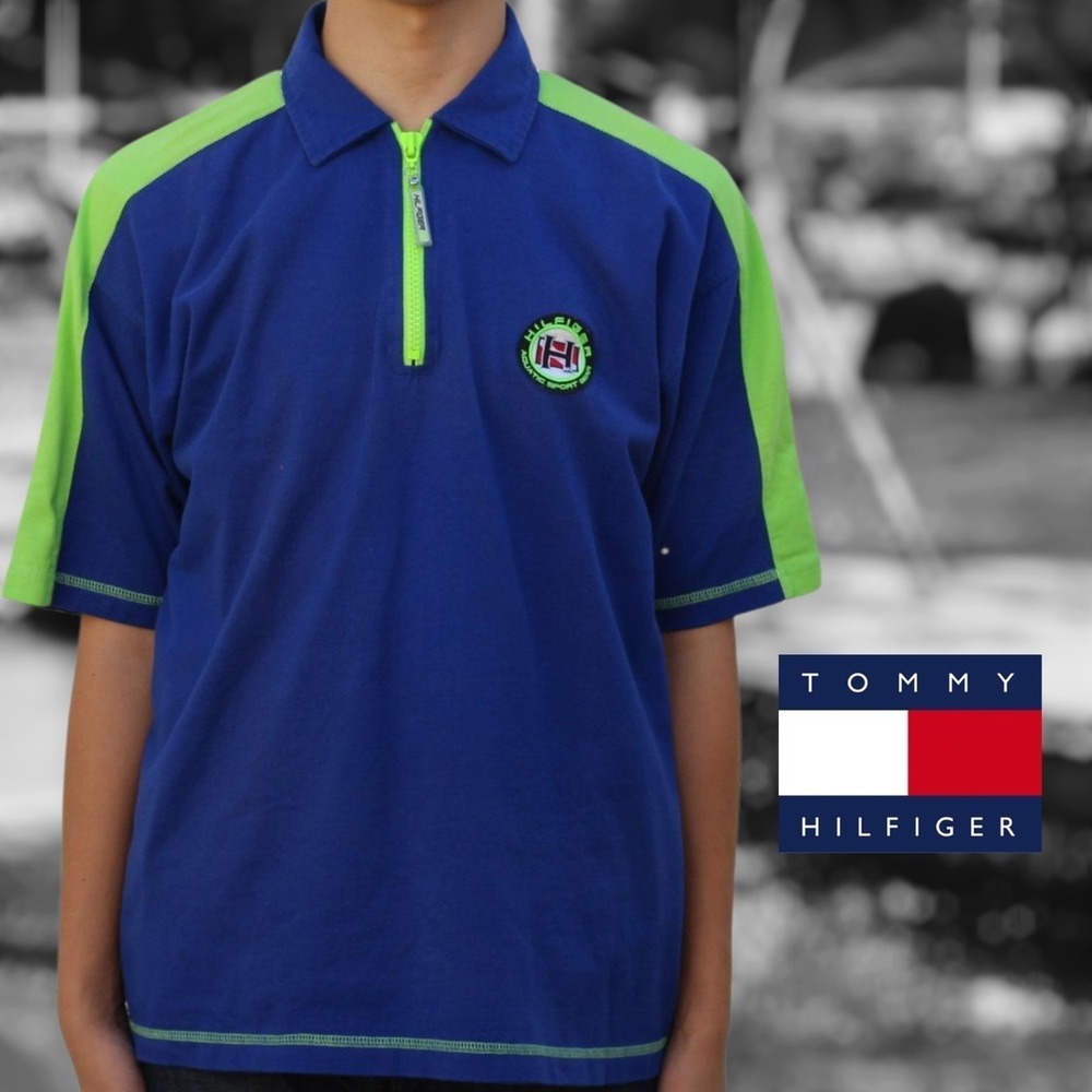 Tommy Hilfiger Aquatic Sport Gear Polo Mens Quarter Zip Blue Neon Green L